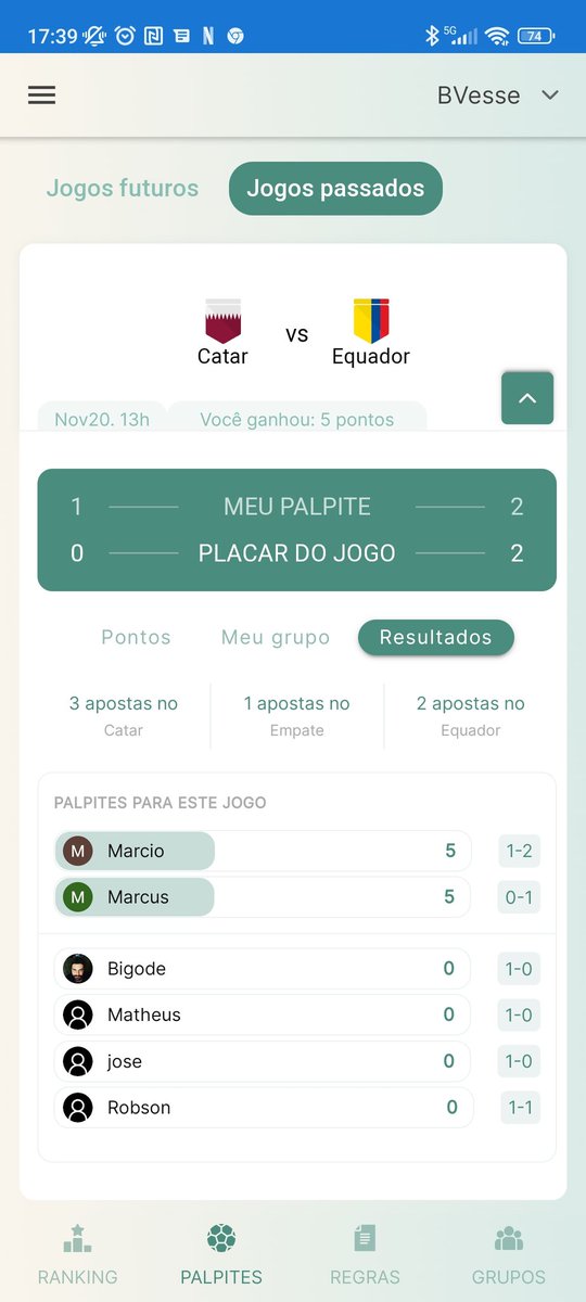 MarcioKacza's tweet photo. @Bolao2018 Peguei um BUG na pontuação.
Recebi o mesmo número de pontos de quem acertou a vitória apenas e eu acertei o resultado de uma das equipes! https://t.co/fOpqQjNcAi