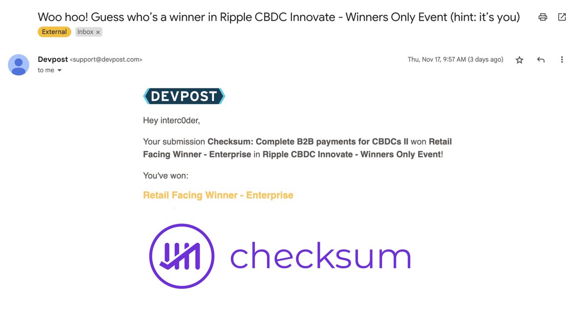 checksumso's tweet photo. 🏆 WINNER - Checksum won the Retailing Facing Category for the CDBC Innovate Hackathon challenge! What an exciting email from @RippleXDev @devpost #XRPCommunity https://t.co/5zvmMpWlyC