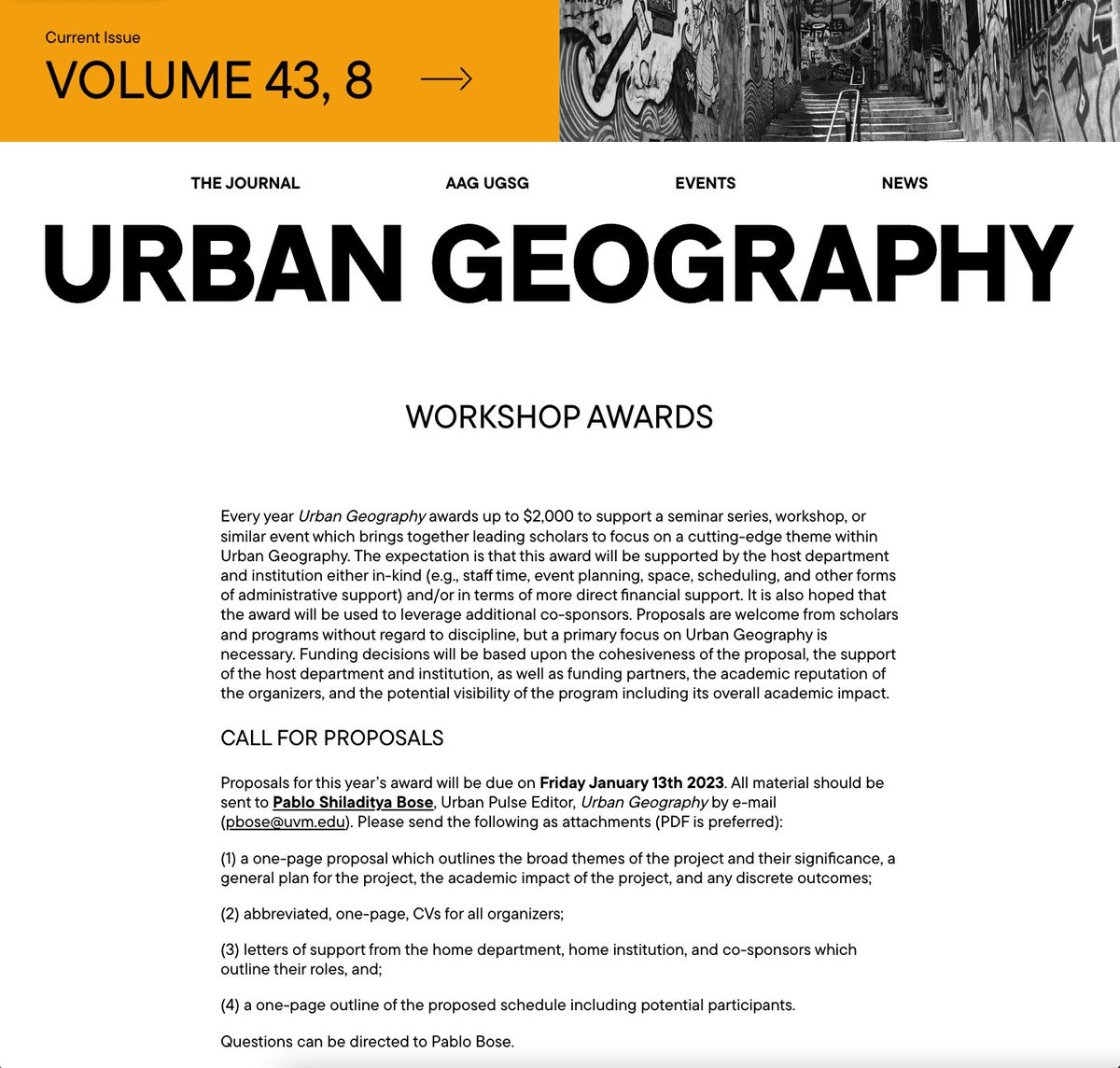 📣Call for Proposals📣 we are seeking proposals for the annual Urban Geography Workshop Award! The award is worth $2000 & will support you to bring together scholars working on a cutting-edge theme or pressing issue in urban geography. Get scheming! urbangeographyjournal.org/events/worksho…