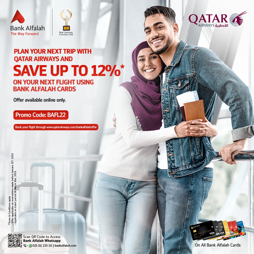 BankAlfalahPAK's tweet photo. Travel the world with Qatar Airways!
Save up to 12% on your next flight with Qatar Airways on paying with Bank Alfalah cards.
Visit https://t.co/PNWdF0Rwfh
and book your ticket now!
Code: BAFL22
#BankAlfalah #TheWayForward #QatarAirways #BAFCards https://t.co/7XtnwPuyRK