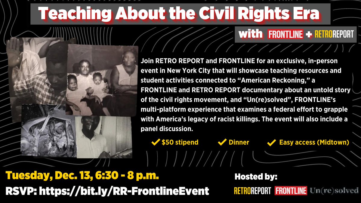 Are you an educator in the #NYC area? <a href="/RetroReport/">Retro Report</a> and <a href="/frontlinepbs/">FRONTLINE</a> invite educators interested in teaching about the civil rights era to attend an exclusive, in-person event in New York City on Dec. 13. 

Learn more about the event and RSVP here: retroreport.org/articles/teach…
