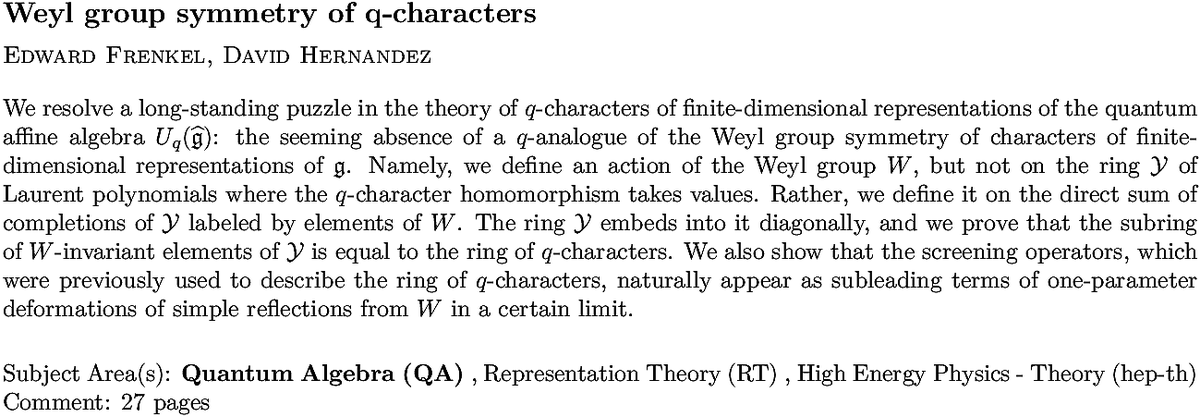 arxiv.org/abs/2211.09779…
E Frenkel, D Hernandez
Weyl group symmetry of q-characters