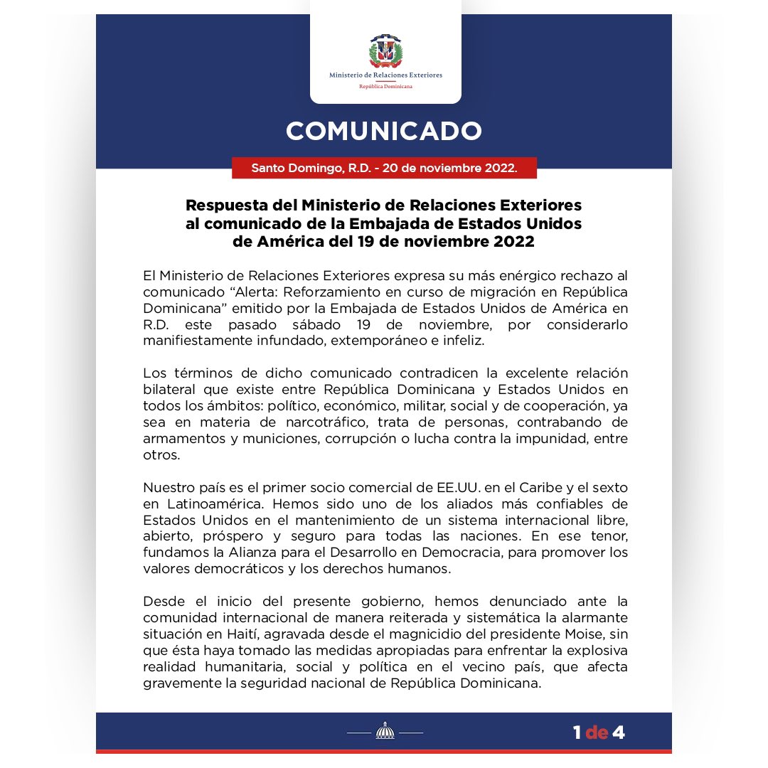 MIREXRD's tweet photo. Comunicado📃 

Respuesta del Ministerio de Relaciones Exteriores al comunicado de la Embajada de Estados Unidos de América del 19 de noviembre 2022.

Para más información 📲https://t.co/Pp9qtnPPGF https://t.co/2Nr2pbkZQB