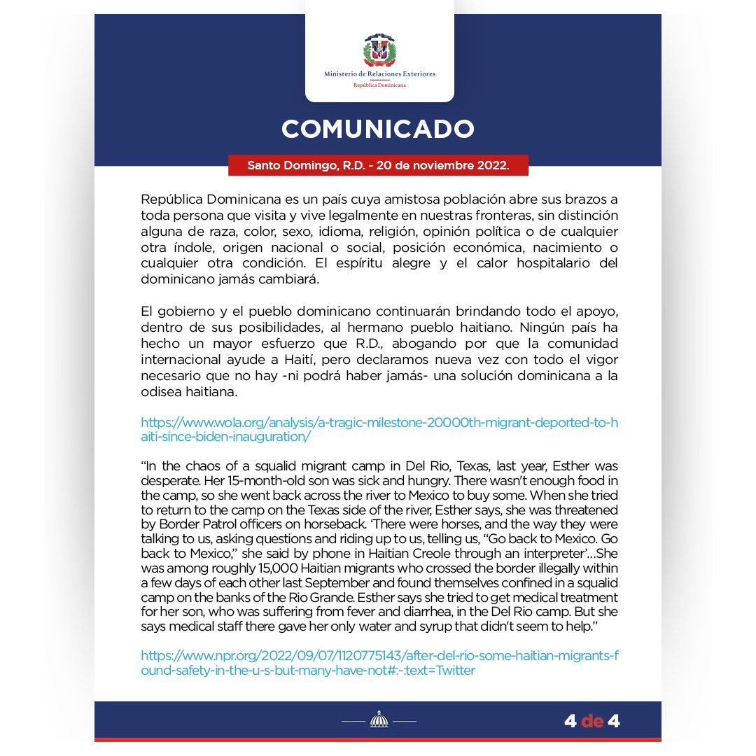Comunicado📃 

Respuesta del Ministerio de Relaciones Exteriores al comunicado de la Embajada de Estados Unidos de América del 19 de noviembre 2022.

Para más información 📲mirex.gob.do