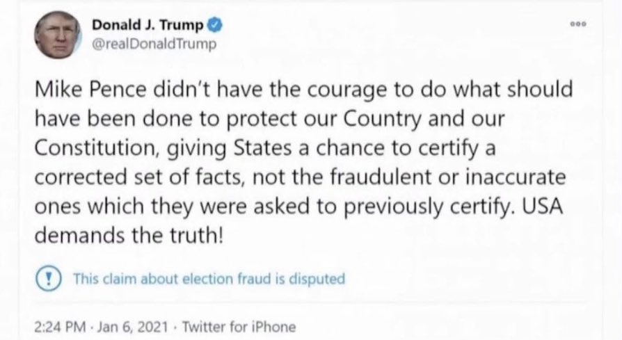 AmoneyResists's tweet image. Why did @realDonaldTrump delete this tweet? Does it have anything to do with it prompting his mob of armed terrorists outside the Capitol to erect GALLOWS and start chanting “Hang Mike Pence!”