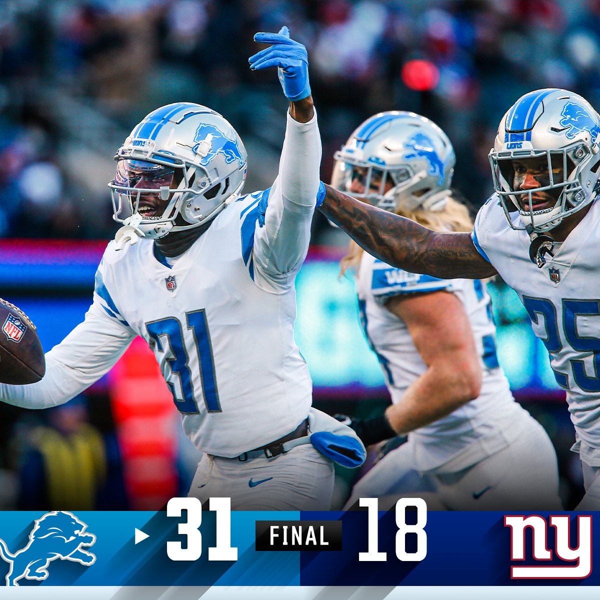 NFL's tweet photo. FINAL: Three straight wins for the @Lions! 🙌 #DETvsNYG #OnePride https://t.co/s9JzfyLSKa