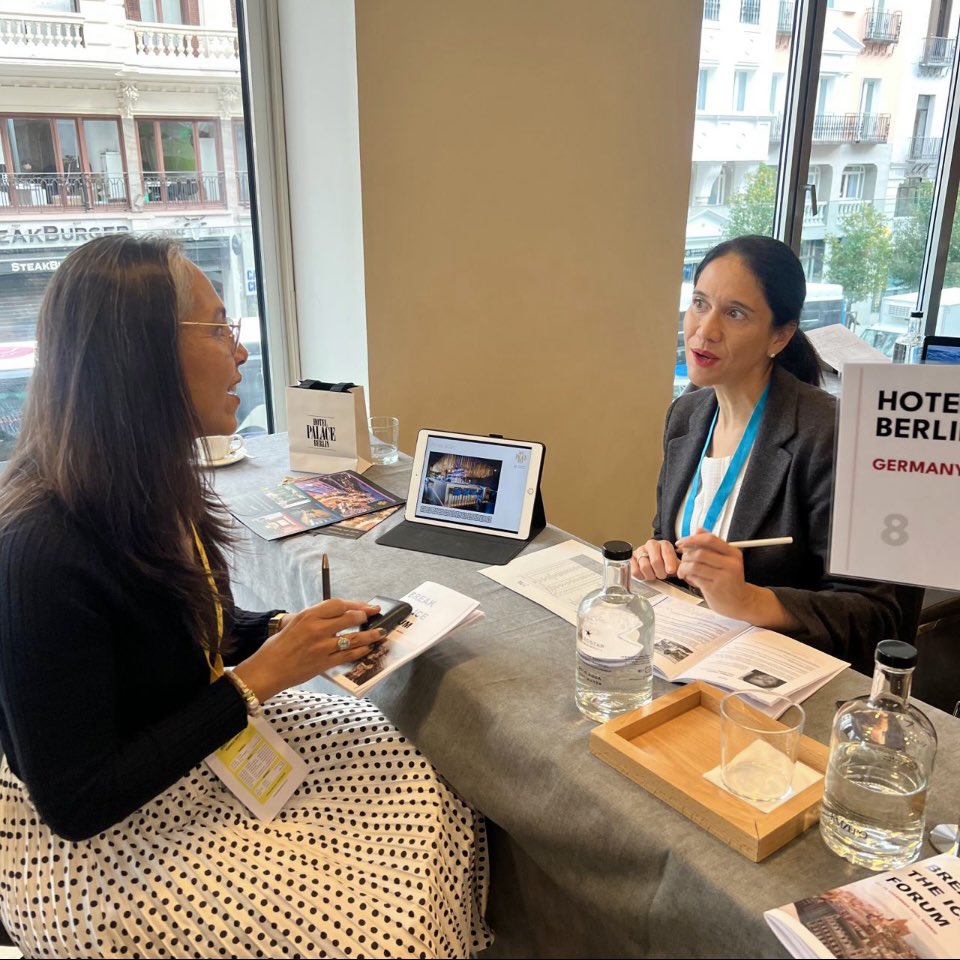 DenizGruska's tweet photo. @PalaceBerlin at the @btiforum in beautiful Madrid. Great face to face connections for the MICE industry are back again! #leadinghotelsoftheworld #hotelpalaceberlin #breaktheiceforum https://t.co/6InqOYUzgH