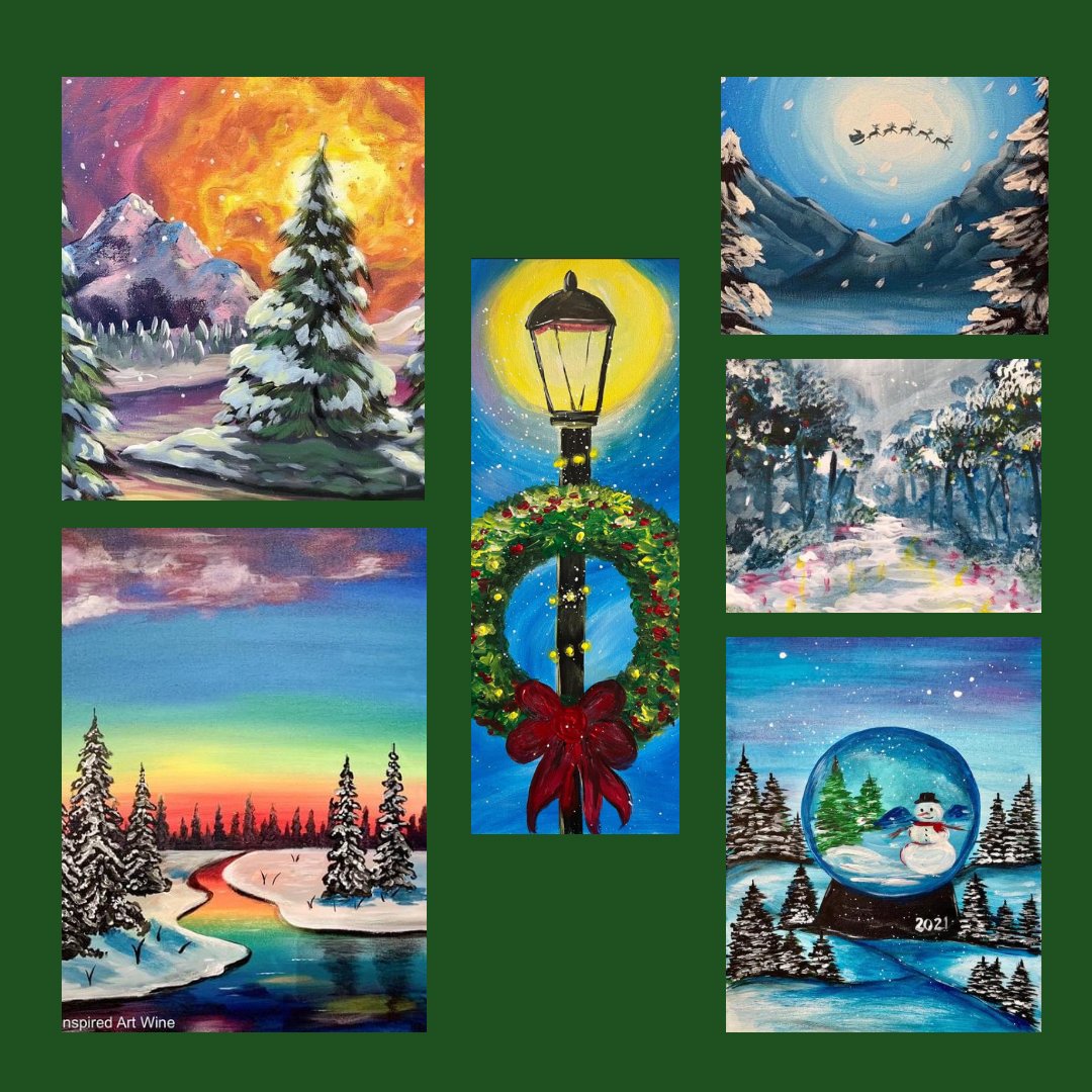 inspiredartwine's tweet photo. The holidays are here and so is our December calendar including these paintings!🎄❄️🤩 Come with friends, family, colleagues or just yourself!🍷🎨 Register ➡️ https://t.co/JGv7jZUJ07 https://t.co/W1Q7Q8vdlh