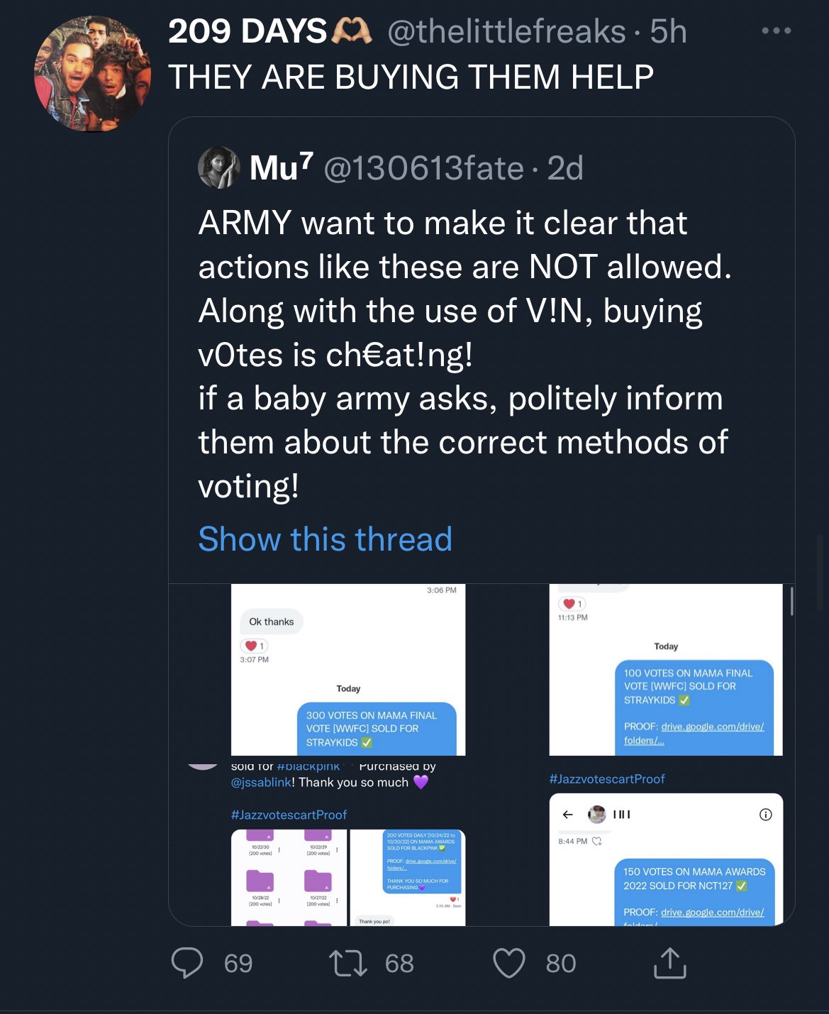 Mu⁷ on Twitter: "So directioners are accusing ARMYs of buying votes for a  poll for the AMAs.Their evidence? A tweet I made with screenshots of OTHER  fandoms buying votes for MAMA. It