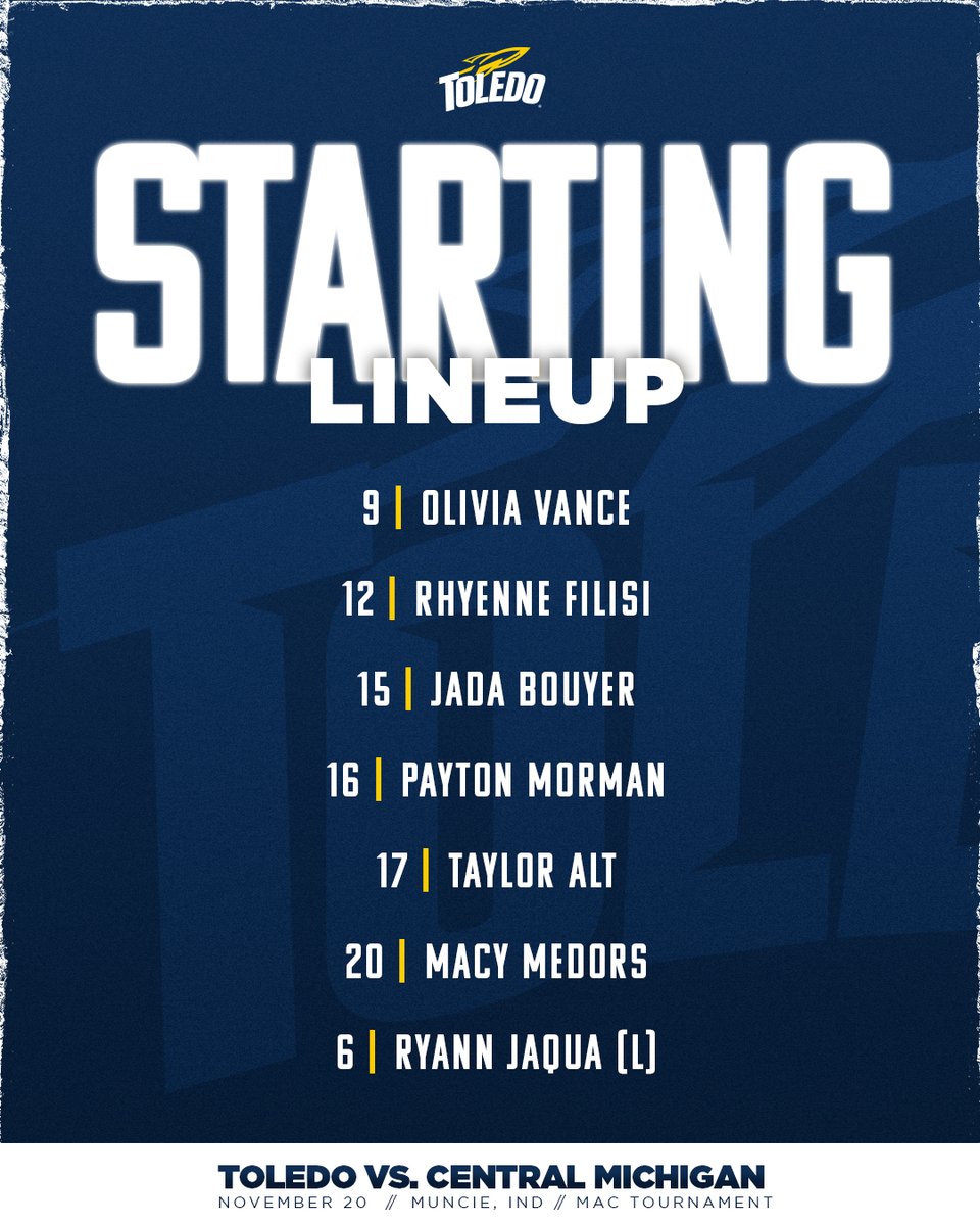 Toledo_VB's tweet photo. Here is our starting lineup for today's MAC Tournament matchup against Central Michigan!

📺 https://t.co/o4dg4hCCT9
📊 https://t.co/2zMUyJVI8r https://t.co/ms32xIgqz5