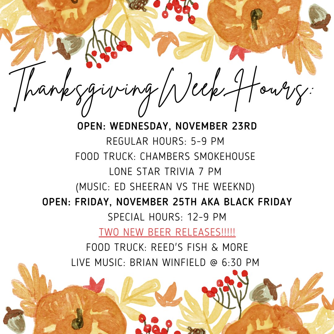 FredoniaBrewery's tweet photo. Thanksgiving Week is upon us! Just wanted to share some special changes/updates to the calendar with you so you can make plans to join us this holiday week at the brewery!
#DrinkLocalBeer #DrinkLocalThisHoliday #ShopLocal #SmallBatchBrews #BlackFriday #ThanksgivingHours https://t.co/GJm648N3fG