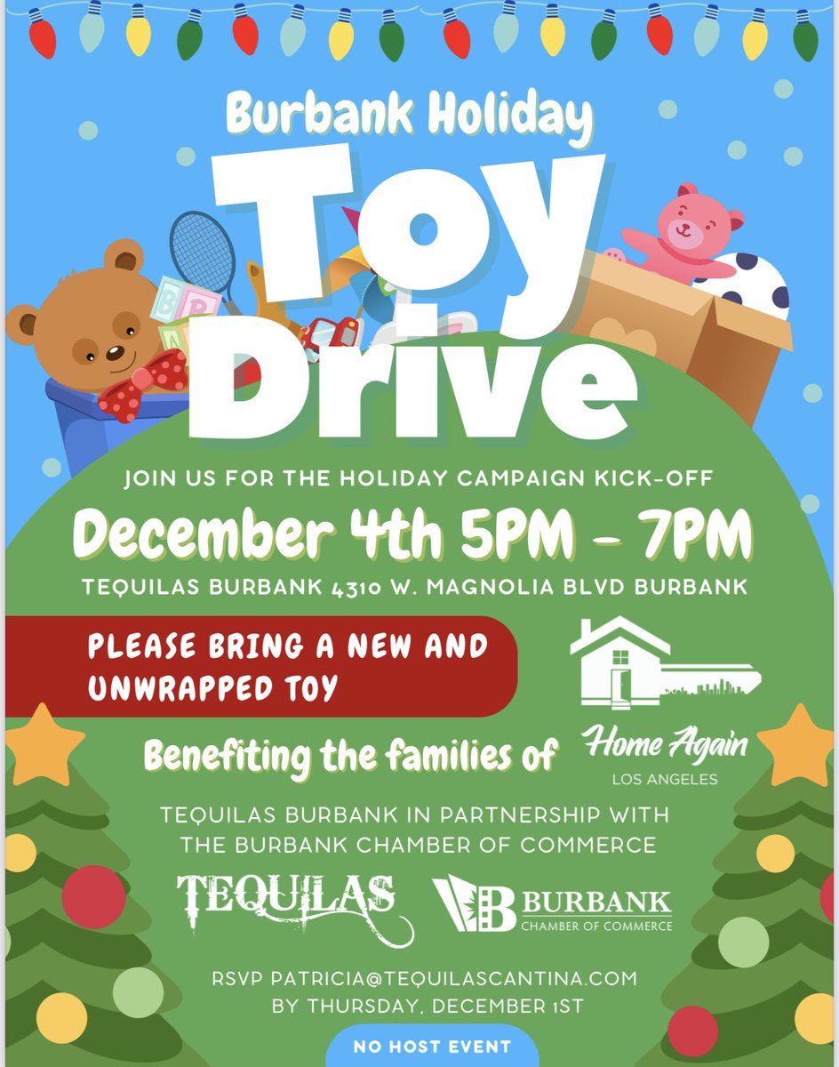 TequilasBurbank's tweet photo. Bring new unwrapped toy
🚂
Annual Burbank Holiday Toy-Drive Kick-Off
12-4 Toys benefit Home Again Los Ángeles
Bring your children. 🎅 will join us.
RSVP by 12-1
818-516-9250
#homeagainla #burbankchamber tequilasburbank #burbank #tequilas #holidays #toys
#toydrive2022 https://t.co/QbbhkovDjj