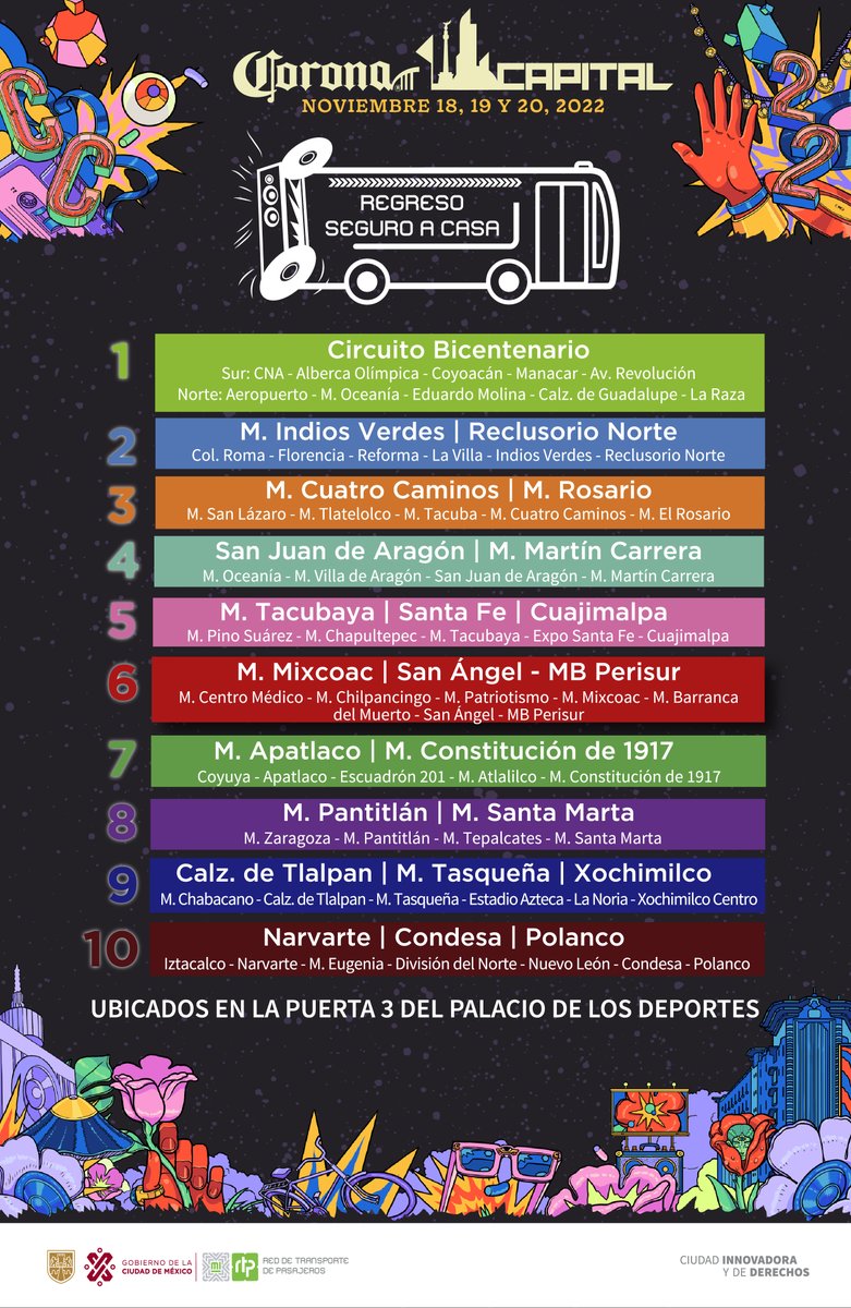 GobCDMX's tweet photo. Por tu seguridad, hoy implementaremos el operativo #RegresoSeguroACasa del #CoronaCapital.
Ingresa a https://t.co/wcooAWaMLX y consulta las 10 rutas de @RTP_CiudadDeMex. Ubica las unidades en el estacionamiento del Palacio de los Deportes de 00:30 a 02:30 Hrs.
🚎 Tarifa: $7 https://t.co/fwRjJVPgyb