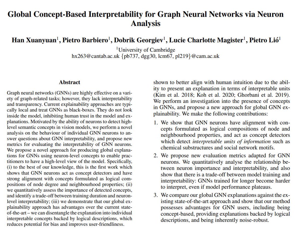 XuanyuanHan's tweet photo. GNN neurons can behave as concept detectors! Our work exploring the presence of concepts in GNNs for global explanations (https://t.co/ct2O5TOO7W) has been accepted at #AAAI2023!

(w/ @pietro_barbiero, @DobrikG, @LC_Magister, @pl219_Cambridge) https://t.co/VceHOmPwe3