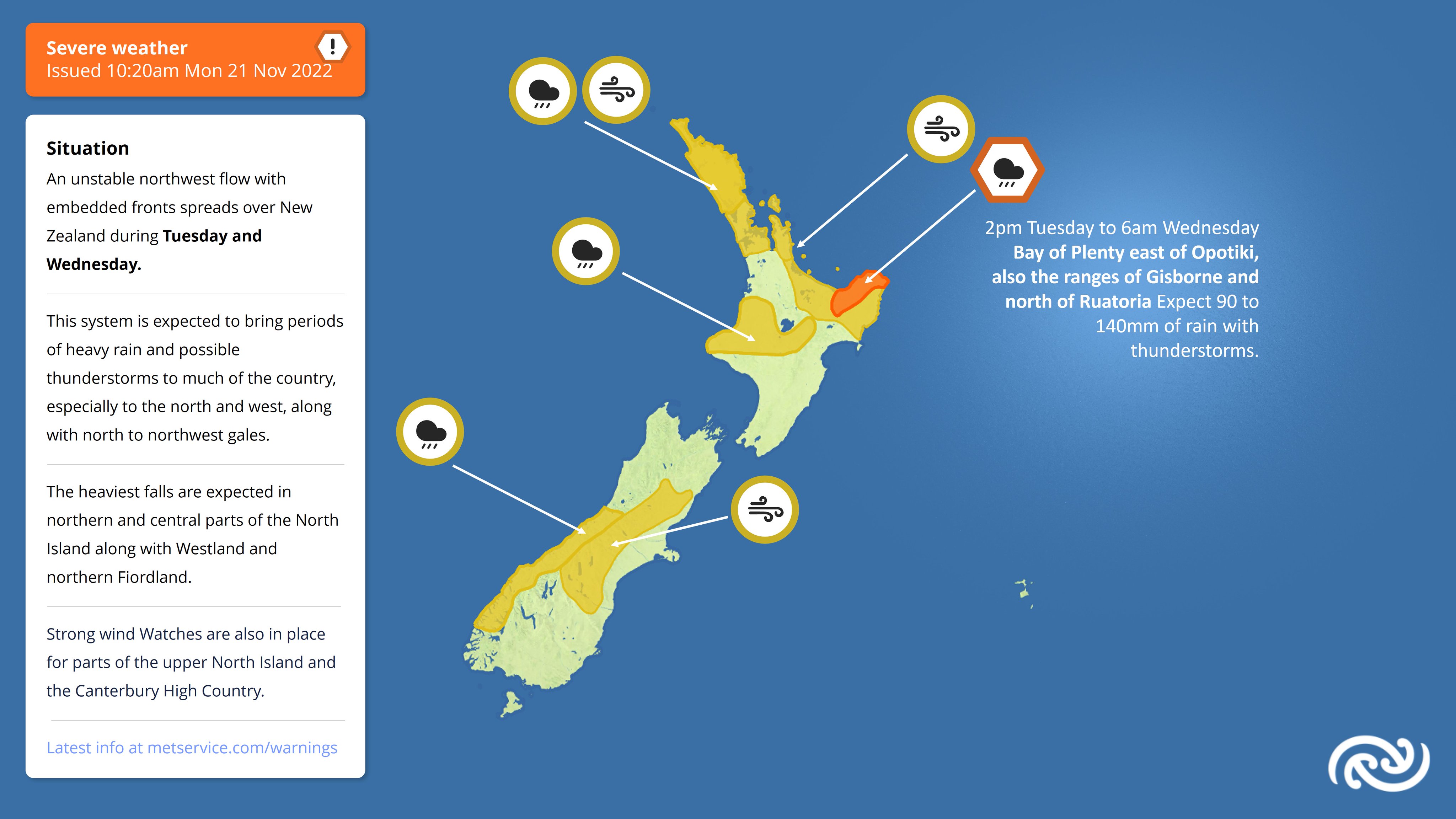 Map showing the latest Severe Weather Watches and Warnings across New Zealand.