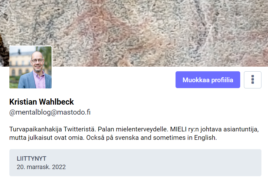 Kristian Wahlbeck 🇫🇮🇺🇦 (@mentalblog) on Twitter photo Rajansa kaikella. Se oli nyt siinä. Katson nyt vastaako Mastodon paremmin arvopohjaani: @mentalblog@mastodo.fi Rajansa kaikella. Se oli nyt siinä. Katson nyt vastaako Mastodon paremmin arvopohjaani: @mentalblog@mastodo.fi