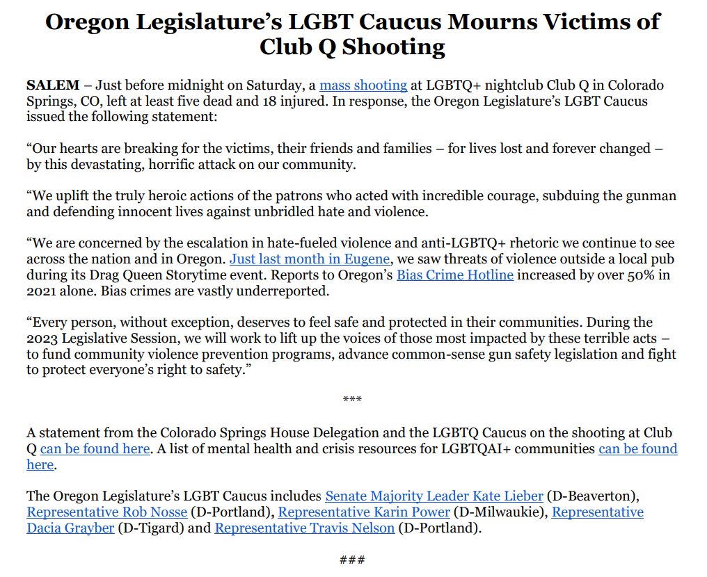 ORHouseDems's tweet photo. Following last night's tragic shooting at Club Q, Oregon's LGBT Caucus releases a statement mourning the victims and condemning the hateful anti-LGBTQIA+ rhetoric happening across the country. Full statement here: https://t.co/NypmUwb1wg https://t.co/3BdD1yQavJ