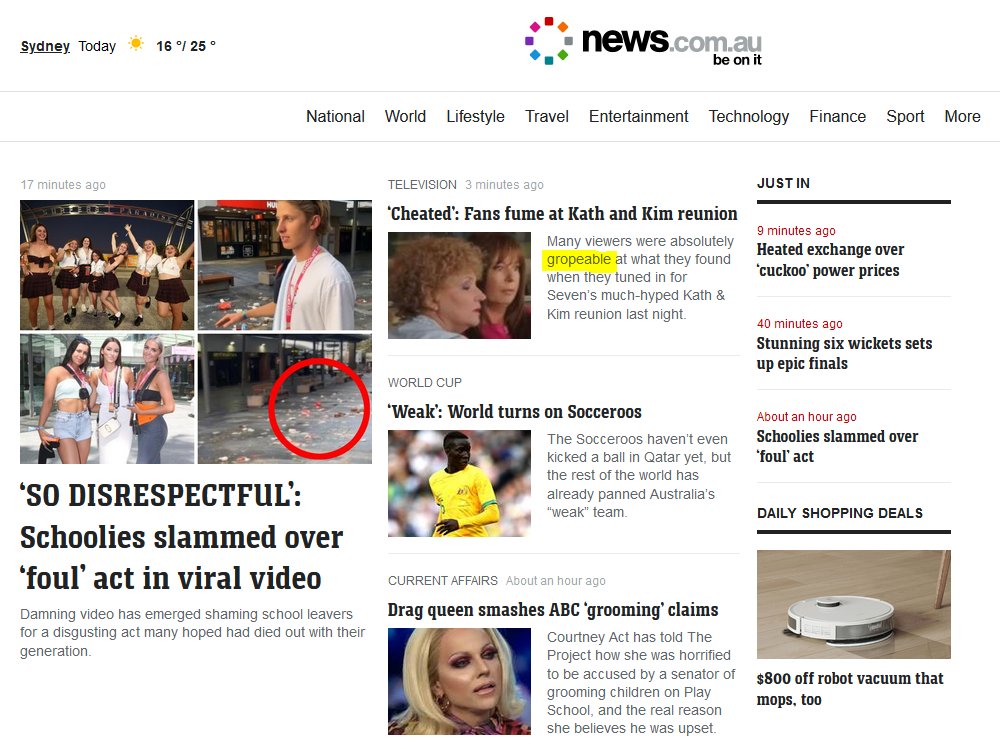 InjuredMeteor78's tweet photo. Hey https://t.co/l7LJ47q52d - might want to check your front page - i wouldnt have thought viewers would be gropeable over kath &amp; kim? They might be ropeable though 🤔 🤣 https://t.co/3li2lmTJd7