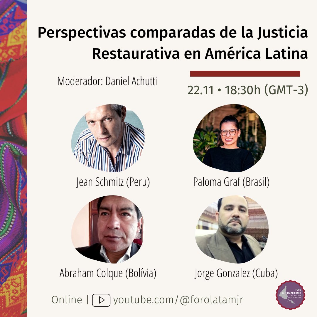 jrcritica's tweet photo. Nesta terça-feira (22/11), o Foro Latinoamericano de Justiça Restaurativa realizará sua primeira atividade. Participem!

@forolatamjr https://t.co/aJQo3cE0l5