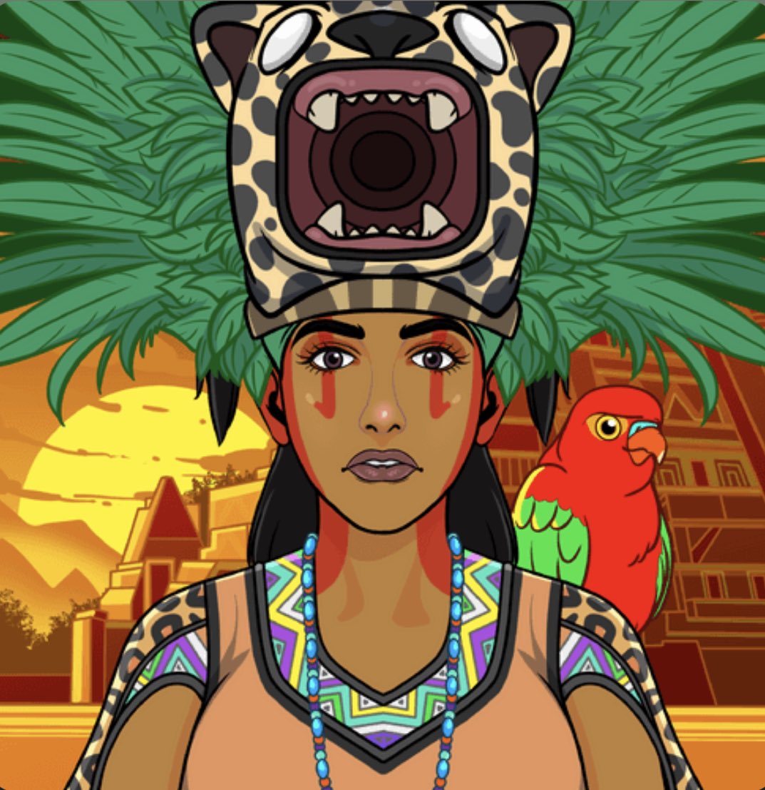 aykaes's tweet photo. My favorite from the mint has to be this beauty with a pyramid in the background.   Hoping for a chance to visit the pyramids and families soon! #mayaspiritsnft #genderequality #inspiringtheyouth #savingancientforrest https://t.co/hMxDYr629H