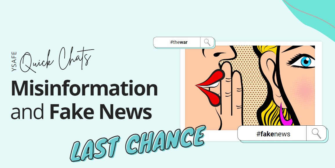 Last chance to register for our 15min #QuickChat discussing #fakenews news in our school communities, the consequences and the strategies we can use to address it.

Date: Tuesday 22nd Nov 22
Time: 3:45pm - 4pm
Register: lnkd.in/gg-XFQiZ

Grab a ☕ and join us there! #ySafe