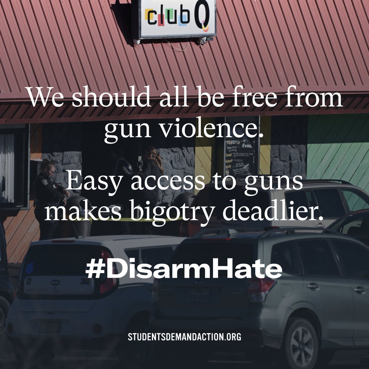 StudentsDemand's tweet image. The shooting last night at Club Q in Colorado Springs has destroyed a space that is supposed to be filled with joy and love. Five people are now dead and dozens more have been wounded because a bigot had access to guns. #DisarmHate