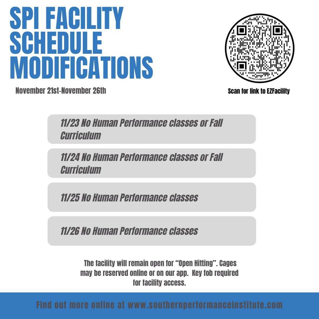 Southern Performance Institute (@spinstitute_ms) on Twitter photo 🚨SPI Thanksgiving Week Schedule Modifications🚨
We have a modified schedule for the week of 11/21-11/26.
Questions? Email us at info@southernperformanceinstitute.com 🚨SPI Thanksgiving Week Schedule Modifications🚨
We have a modified schedule for the week of 11/21-11/26.
Questions? Email us at info@southernperformanceinstitute.com