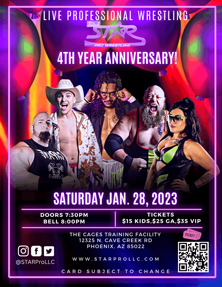 📣 SATURDAY, January 28, 2023 STAR Pro Celebrates 4th year anniversary show!

🎟  TICKETS:
tinyurl.com/2k8pynh5