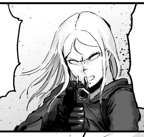 WIP。
ミリタリーには詳しくないのですがソ連(風)の銃器を持たせたいと思い、調べながら描きました。これはPPSという銃だそうです。

I am not familiar with military, but I wanted to draw a Soviet (style) firearm, so I drew this while researching. I heard that this is a gun called PPS. 