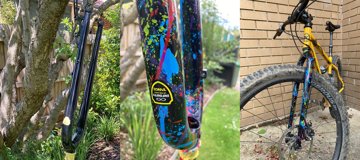 DavidFilcoff's tweet image. The fork on the #KonaUnit #Singlespeed #29er was a bit drab. #splatterpaint #mtb #konabicycles @tangetube