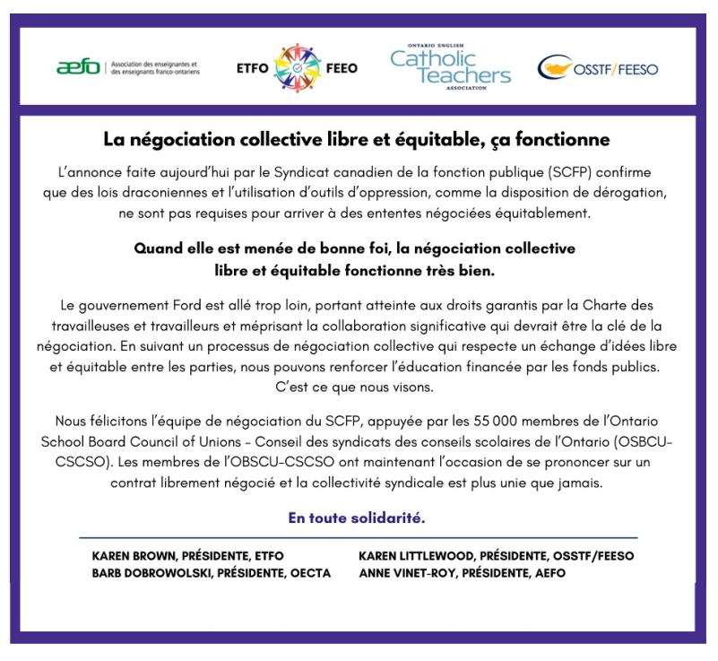 AEFO_ON_CA's tweet photo. L'annonce d'aujourd'hui de @osbcucscso confirme  
que la législation draconienne et l'utilisation d'outils oppressifs ne sont pas nécessaires pour parvenir à des accords négociés équitablement. #onted #onpoli
Déclaration conjointe de @AEFO_ON_CA,#ETFO, @OECTAProv et @osstf https://t.co/GCQrWs4mMt