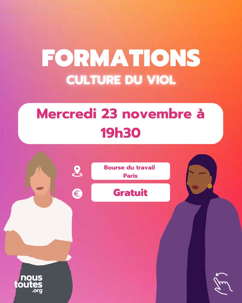 NousToutesOrg's tweet photo. Troisième formation en présentiel ce mercredi 23 novembre !

RDV a la Bourse du Travail de Paris (3 rue du Château d’Eau)  à 19h30 pour participer à la formation "Culture du viol" 🎓

Inscriptions : https://t.co/7hr0Fsepqj https://t.co/dUK9VnT6IR