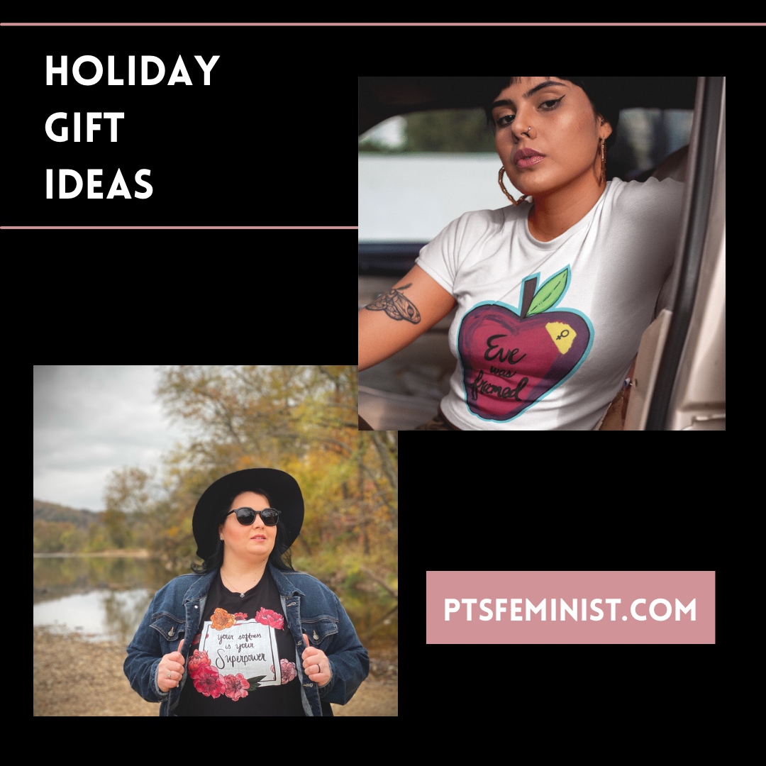 ptsfeminist's tweet image. Two of my favorite designs - Eve was Framed and Your Softness is Your Superpower. Thanks to my beautiful friend @k8.britton for modeling my design! ♥️

#ptsfeminist #teeshirts #evewasframed #celebrateyoursoftness #holidaygiftguide #giftsforher #shopsmall