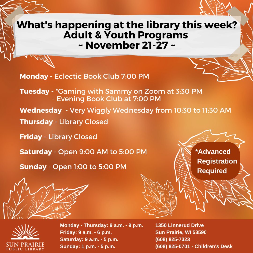 sun_library's tweet photo. Wondering what's going on at the library this week? Visit our events calendar for more information and to register!
https://t.co/TJavHbt7Zn
#gaming #Roblox #BookClub #LibraryClosed #LibraryOpen #LibraryPrograms #SunPrairieLibrary #SPPL #SunPrairie #read #books https://t.co/udqzyu6sNz