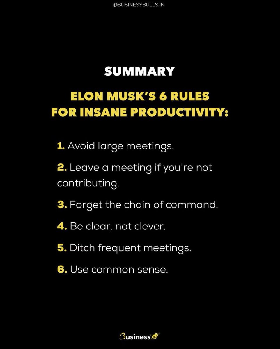 Would you follow Elon Musk's 6 rules for insane productivity used at Tesla, Space X and now Twitter?

#TrendingNow #Trending  #elon #TwitterTakeover #T20WorldCupFinal #TechTrees #fintech #FIFAWorldCup #FIFAWorldCup2022
