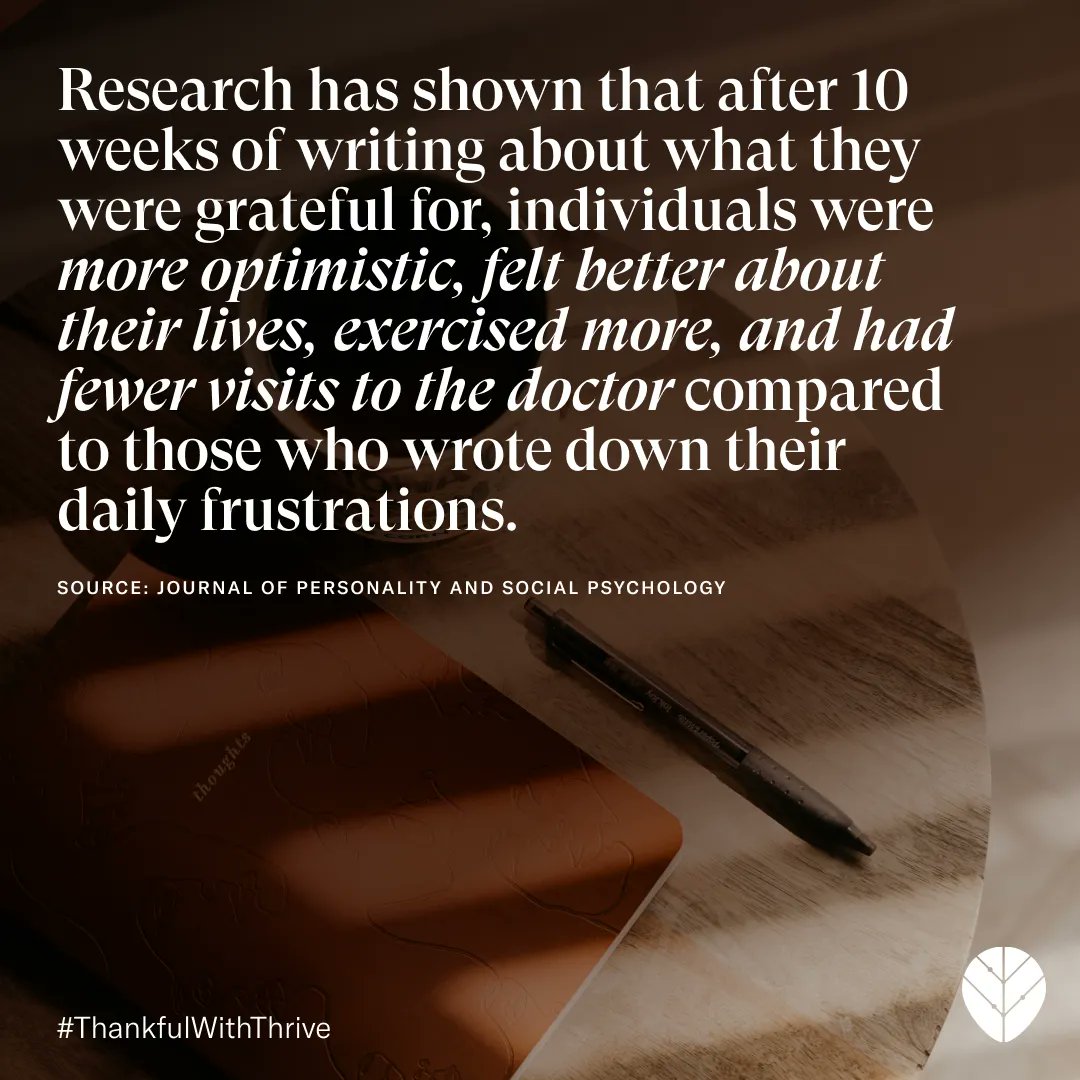 Gratitude is one of the most powerful emotions, with benefits that extend inward and outward. 

Try incorporating this #Microstep into your routine to give your mental and physical health a boost: Say a heartfelt “thank you”  to someone each day. #ThankfulWithThrive