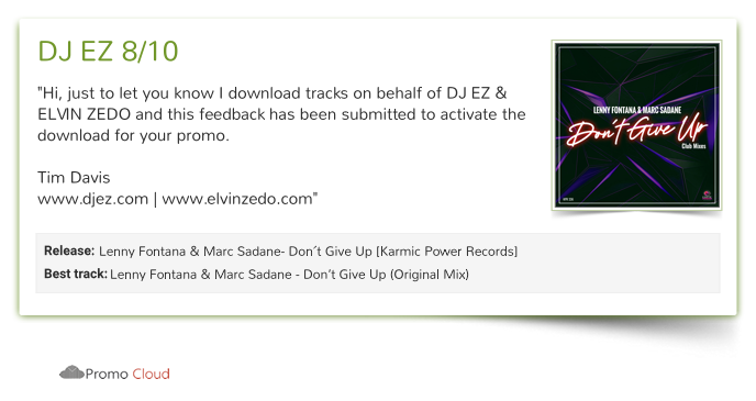KarmicPowerRec's tweet photo. DJEZOfficial reviewed @lennyfontana - Don’t Give Up (Original Mix). 8/10 #DontGiveUp #LennyFontana #MarcSadane #newmusic #p https://t.co/G3UuVZ4htR