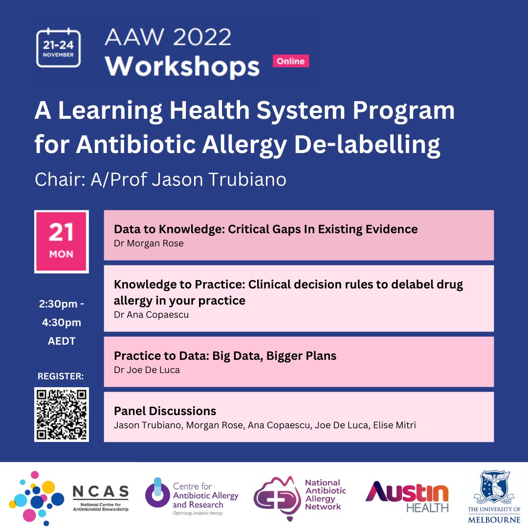 NCAS_Aus's tweet photo. Monday 21st Nov 2:30-4:30PM AEDT
Followed by @TrubianoJason + his team on #antibioticallergydelabelling @AnaCopaescu @DrJoeDeluca @CAAR_Aus @NAAN_Aus @id_austin @Austin_Health @UniMelbMDHS 
@DT4Health a perfect example of a #learninghealthsystem
Register:https://t.co/SvRzxfsVcW https://t.co/nGG4Rb2htt