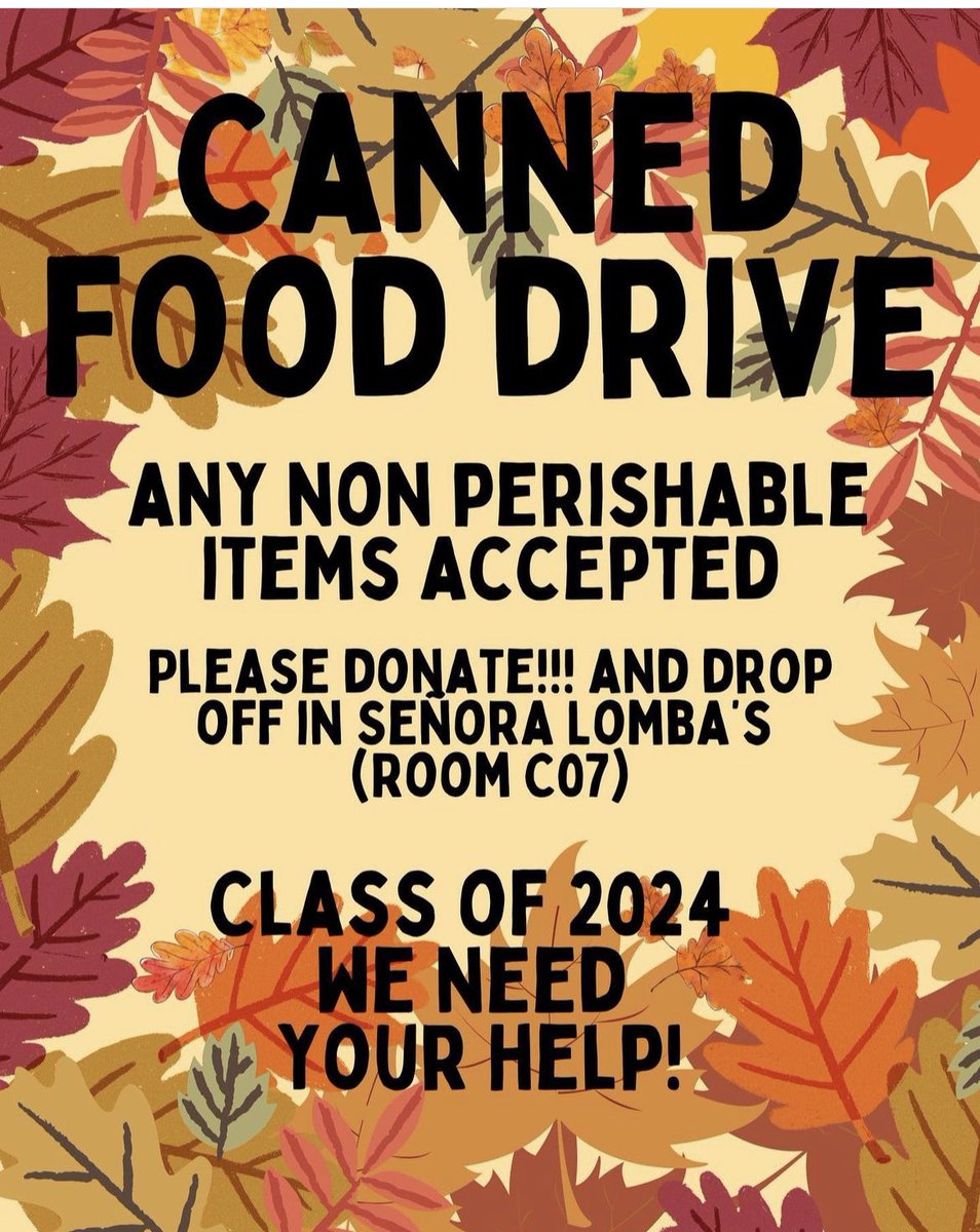 Bring those canned goods in and non perishables <a href="/DartmouthHS/">DartmouthHS</a>!! There are families counting on us!! 
<a href="/dartmouth_2024/">DHS Class of 2024</a> you can drop off in my room or in the LMC with Mrs. Thomas!!