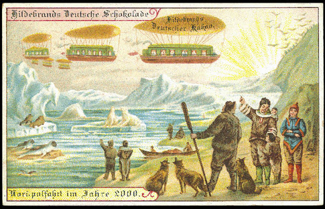wikivictorian's tweet photo. Postcards produced by Hildebrands (a leading German chocolate company of the time) in the 1900s about how life would be in 2000. (1/2) https://t.co/oqpx2RJNGu