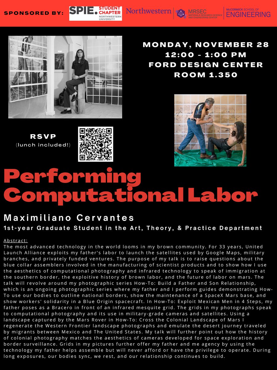 On Monday 11/28/2022 at 12-1pm in Ford 1.350, we will have Maximiliano Cervantes, a first year graduate student in the Art, Theory, &amp; Practice Department at Northwestern University, present about “Performing Computational Labor“. Sign up below to RSVP for the seminar! #NU #SPIE