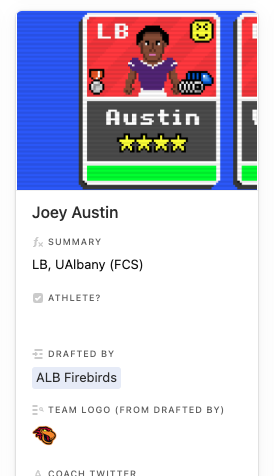 With the third pick in the Season 32 <a href="/RFNorthAmerica/">Retro Football of North America</a> draft, the Albany Firebirds select hometown hero LB Joey Austin, University of Albany.

<a href="/retro_albany/">Retro Albany (not the AFL firebirds)</a>