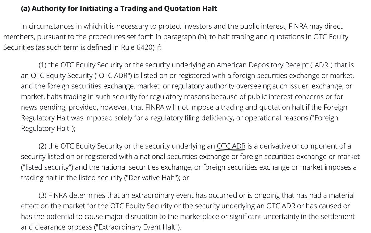 perspective508's tweet image. No halts? Then apparently you don&apos;t know they can halt for anything, including those MMTLP ADRs they&apos;re trading in the OTC grey market.  

This is facts. 
finra.org/rules-guidance…