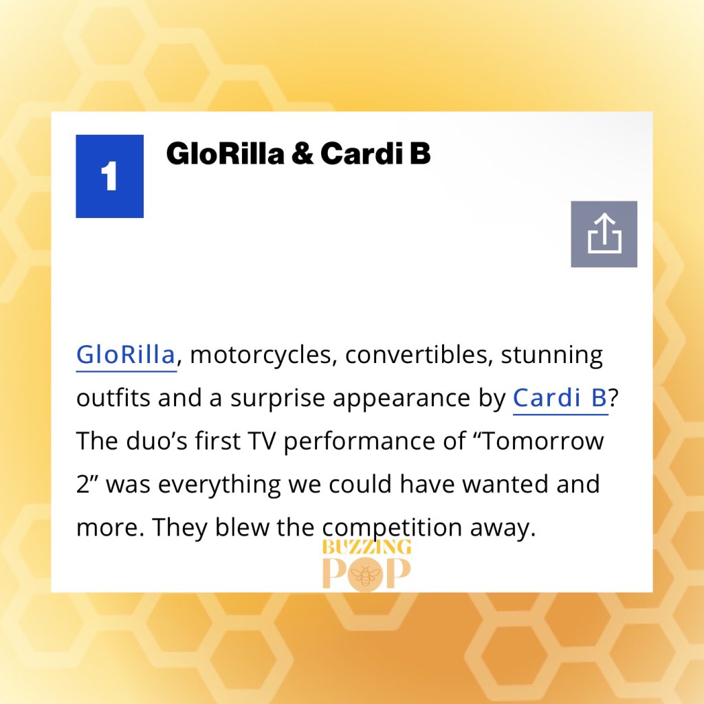 BuzzingPop's tweet photo. Billboard names GloRilla &amp; Cardi B’s “Tomorrow 2” TV debut as the best performance of the night at the #AMAs: 

“They blew the competition away.” https://t.co/0iNWwYVrUX