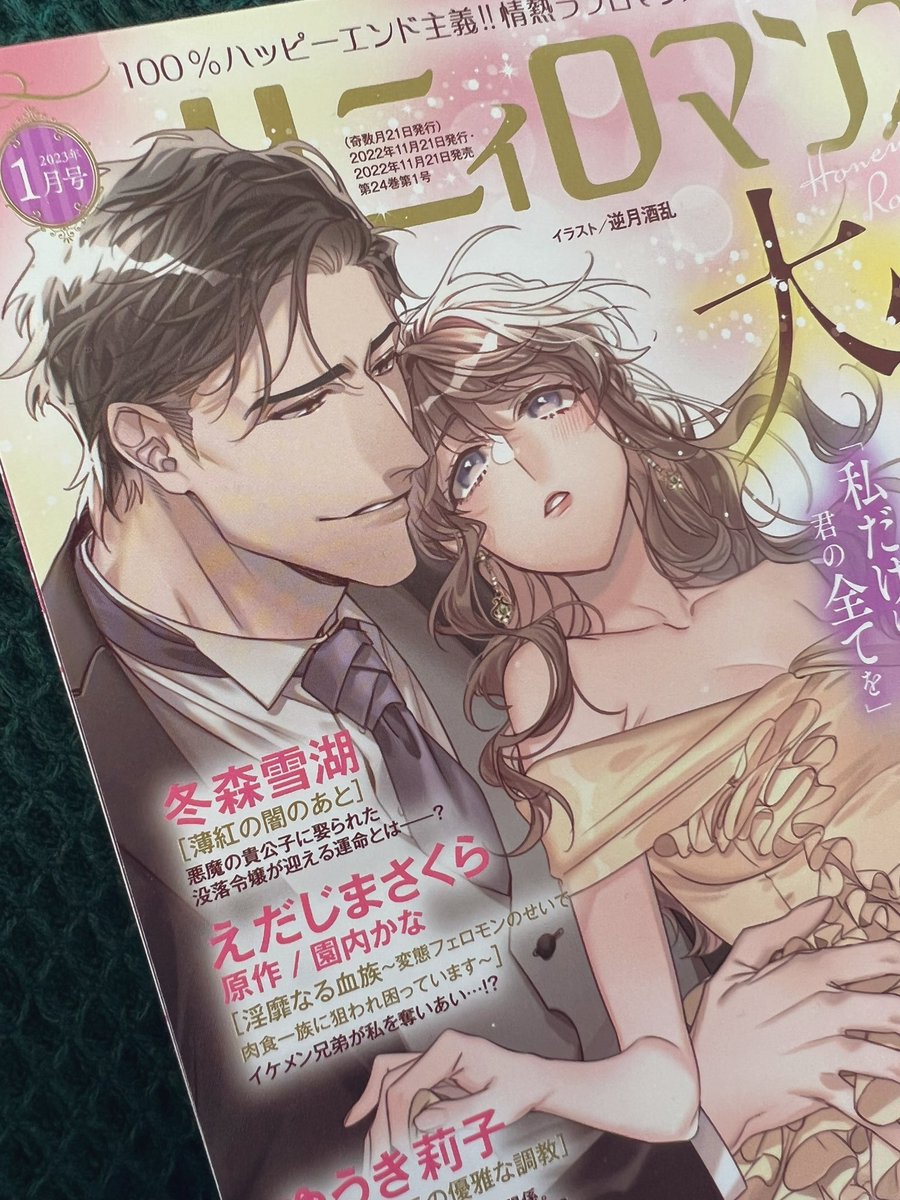 本日11/21発売、TL漫画雑誌
「ハニィロマンス」2023年1月号

紙雑誌表紙イラストを今回担当させて頂きました!🌹
色味こだわって出してくれました、本屋の漫画雑誌コーナーで見かけたら手に取って見てくださると嬉しいです〜♡ 