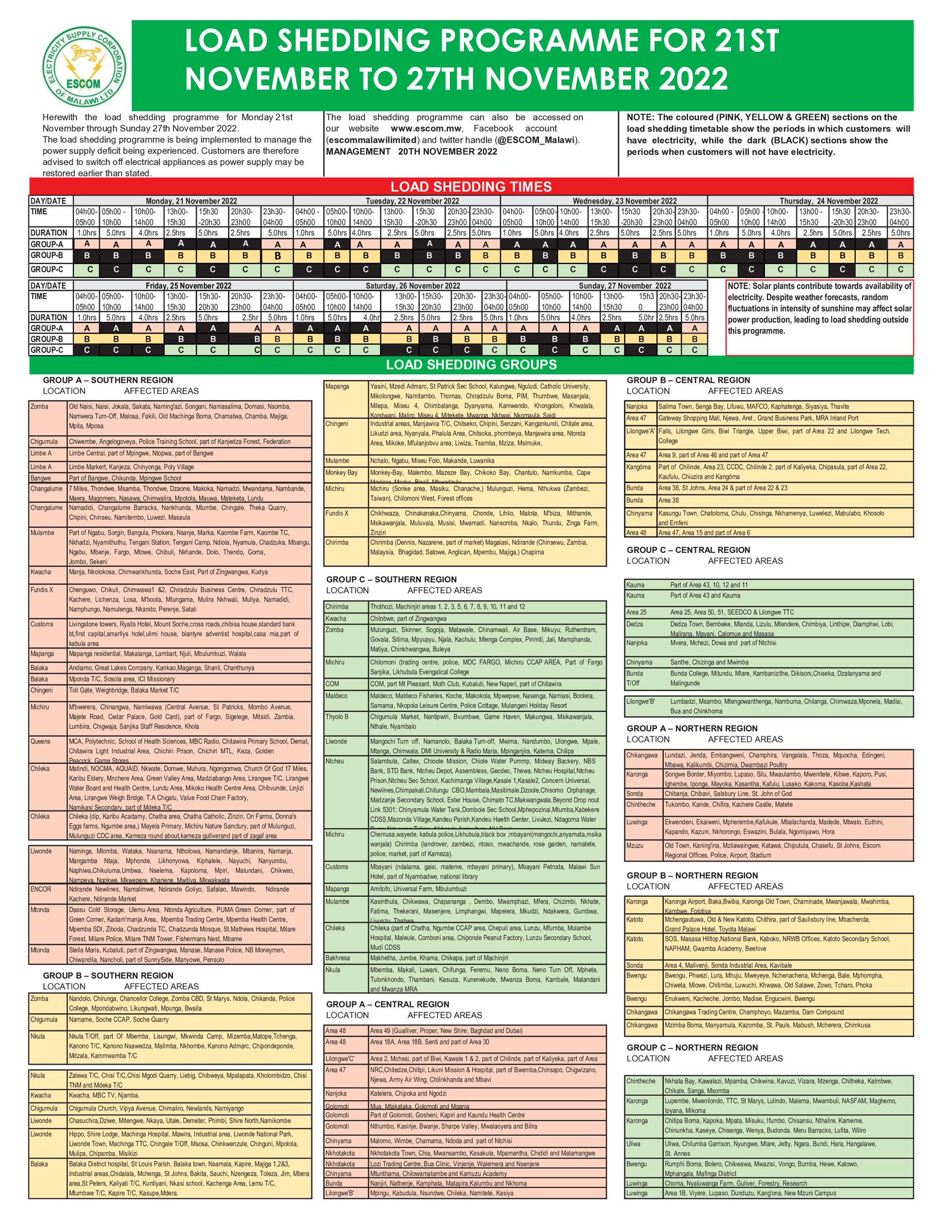 on Twitter "LOAD SHEDDING PROGRAMME FOR 21ST NOVEMBER 2022 TO
