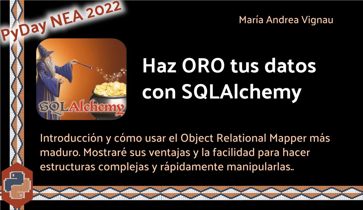 AguaraTech (@pythonnea) on Twitter photo Acceso a Bases de Datos con SQLAlchemy en #PyDayNEA2022.
¡los esperamos a tod@s!
#python #cfp
Inscribite a PyDayNEA (eventos.python.org.ar/events/PyDayNE…) 
Apurate que todavía recibimos nuevas propuestas! 
Agregate y presentá tu charla o taller (eventos.python.org.ar/events/PyDayNE…) Acceso a Bases de Datos con SQLAlchemy en #PyDayNEA2022.
¡los esperamos a tod@s!
#python #cfp
Inscribite a PyDayNEA (eventos.python.org.ar/events/PyDayNE…) 
Apurate que todavía recibimos nuevas propuestas! 
Agregate y presentá tu charla o taller (eventos.python.org.ar/events/PyDayNE…)