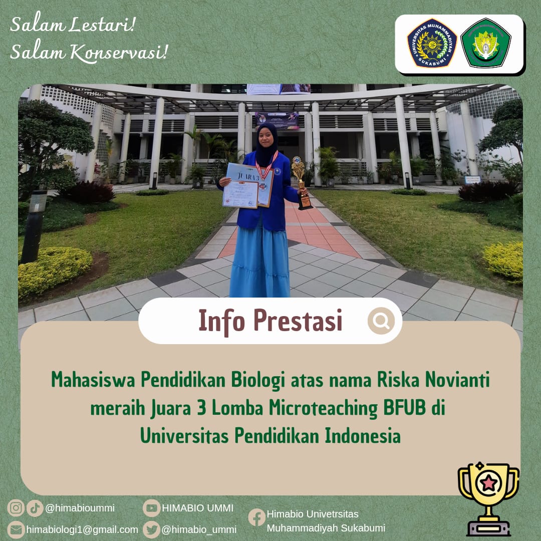 himabio_ummi's tweet photo. [INFO PRESTASI]

Salam Lestari
Salam Konservasi

HIMABIO mengucapkan Selamat dan Sukses untuk Mahasiswa Pendidikan Biologi atas nama Riska Novianti yang meraih Juara 3 Lomba Microteaching BFUB di Universitas Pendidikan Indonesia. https://t.co/lwOsjhgiRb
