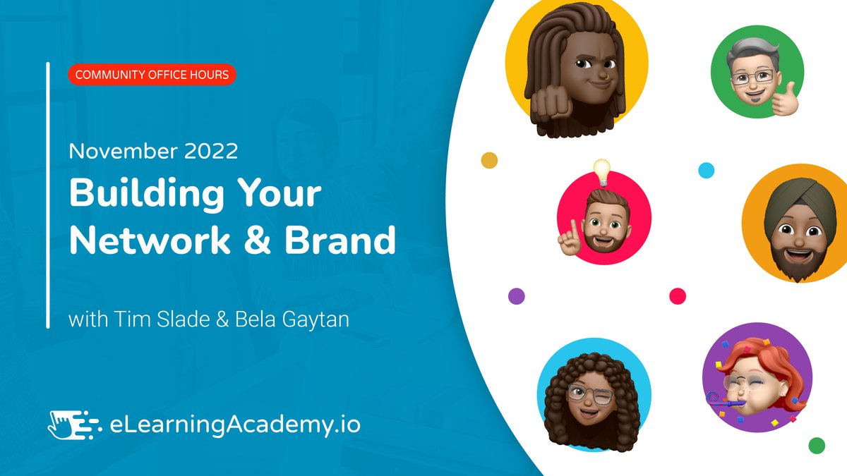 eLearningAcdmy's tweet photo. Join @sladetim &amp; @belagaytan for our monthly Community Office Hours tomorrow! This month, we're talking about Building Your Network and Brand!

https://t.co/Zu9IATiPA7

We'd love to see you there! 😊

#eLearning #CommunitySupport #Networking #eLearningDesign https://t.co/vhmTYB02x2