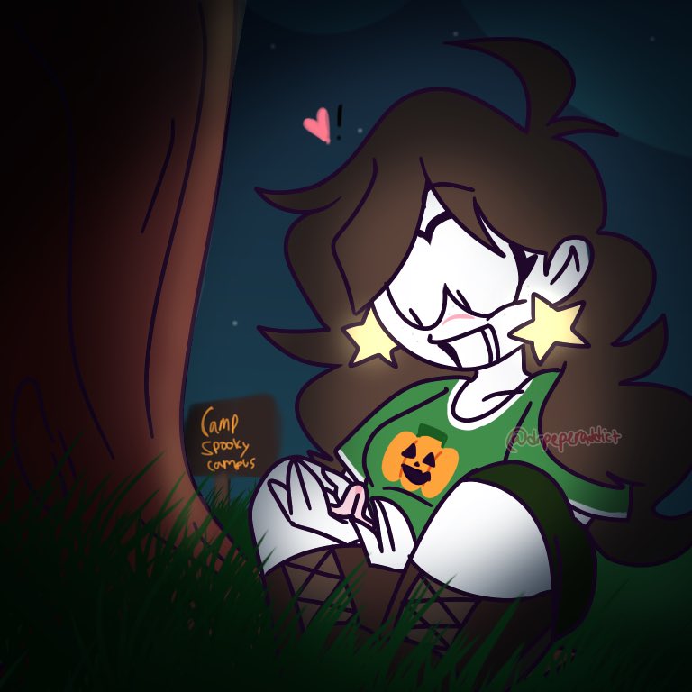 drpeperaddict's tweet photo. She decided to go chill near a tree for a bit, and oh look she found a worm! :] (yes, her earrings glow in the dark do not ask) | #CampSpookyAU #SpookyMonthOC #SpookyMonthEllie https://t.co/HSTdvEe6mg